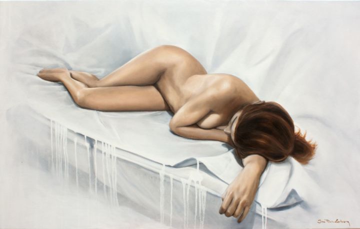Painting titled "L'attente" by Jean-Pierre André Leclercq, Original Artwork, Oil Mounted on Wood Stretcher frame