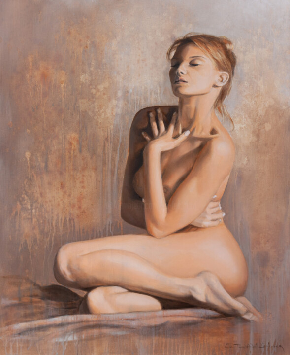 Painting titled "Touchée" by Jean-Pierre André Leclercq, Original Artwork, Oil Mounted on Wood Stretcher frame