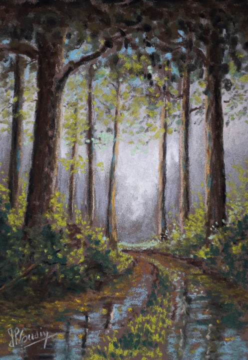 Peinture intitulée "Forêt matinale" par Jean-Pierre Cousin, Œuvre d'art originale, Pastel