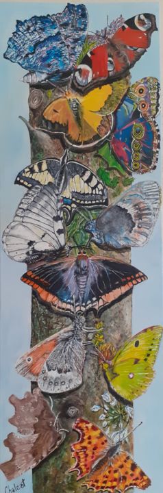 Painting titled "Totem aux papillons" by Joël Chaléat, Original Artwork, Oil