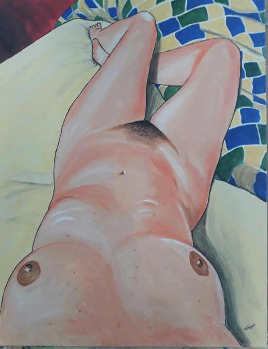 Peinture intitulée "femme-allongee-zoom…" par Jean Philippe Dufau, Œuvre d'art originale, Acrylique