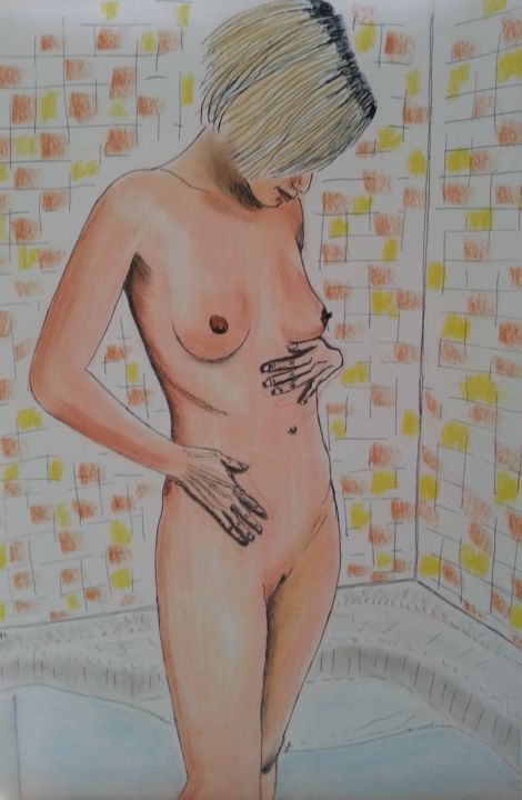 Рисунок под названием "blonde-a-la-douche" - Jean Philippe Dufau, Подлинное произведение искусства, Пастель