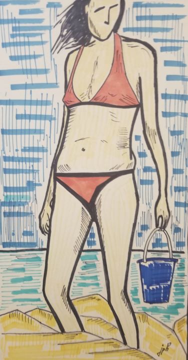 Disegno intitolato "A la plage 02" da Jean Philippe Dufau, Opera d'arte originale, Pennarello