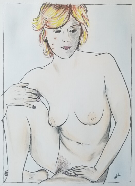 Drawing titled "femme assise main d…" by Jean Philippe Dufau, Original Artwork, Pastel