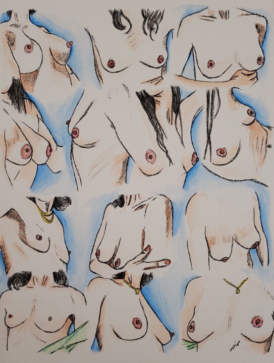 Peinture intitulée "Cachez ces seins 02" par Jean Philippe Dufau, Œuvre d'art originale, Aquarelle