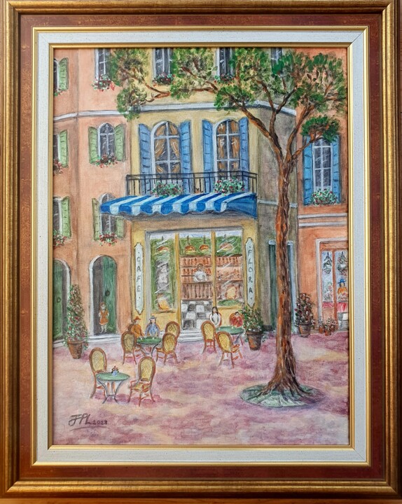 Malarstwo zatytułowany „Café Flora” autorstwa Jean-Pierre Loubinoux, Oryginalna praca, Akryl Zamontowany na Drewniana rama n…