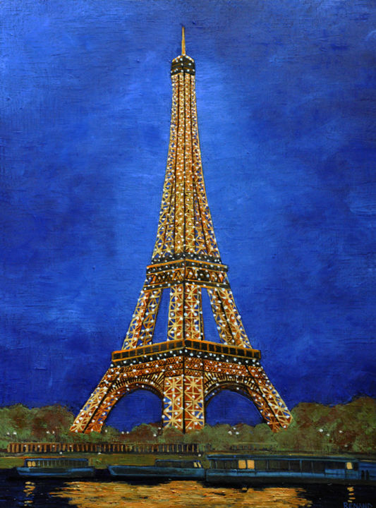Painting titled "Tour Eiffel scintil…" by Renand, Original Artwork, Oil Mounted on Wood Stretcher frame