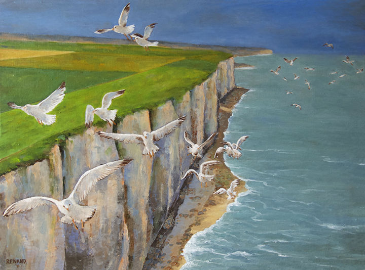 Painting titled "Falaises de Normand…" by Renand, Original Artwork, Oil