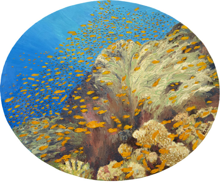 Картина под названием "Banc de poissons 1,…" - Renand, Подлинное произведение искусства, Масло Установлен на Деревянная рама…
