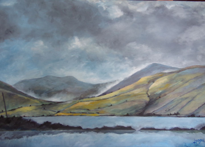 Painting titled "connemara lac et mo…" by Jacques Segui, Original Artwork, Oil Mounted on Wood Stretcher frame