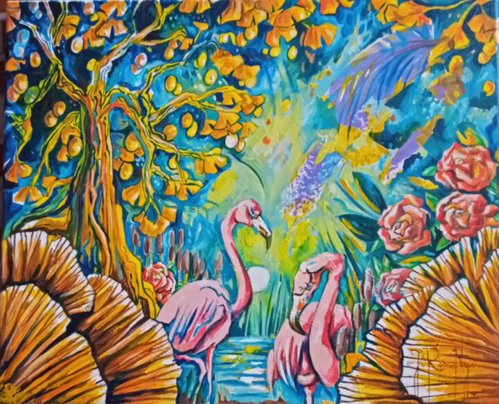 Peinture intitulée "L'étang aux gingkos" par Jsroosenys, Œuvre d'art originale, Acrylique