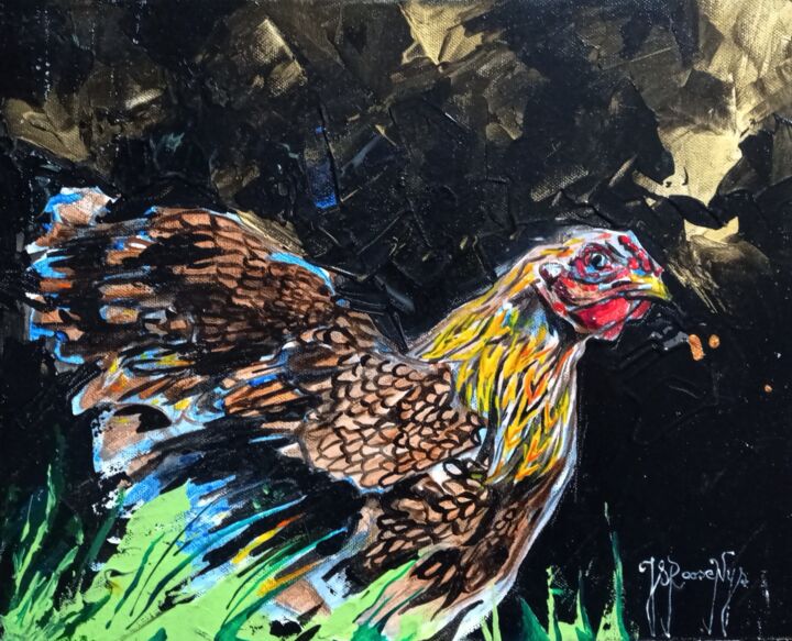 Malerei mit dem Titel "Poule fond or" von Jsroosenys, Original-Kunstwerk, Acryl