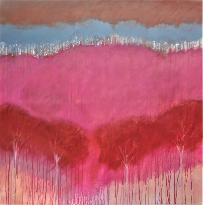 「Red Trees on a Pink…」というタイトルの絵画 June Stapletonによって, オリジナルのアートワーク, アクリル ウッドストレッチャーフレームにマウント