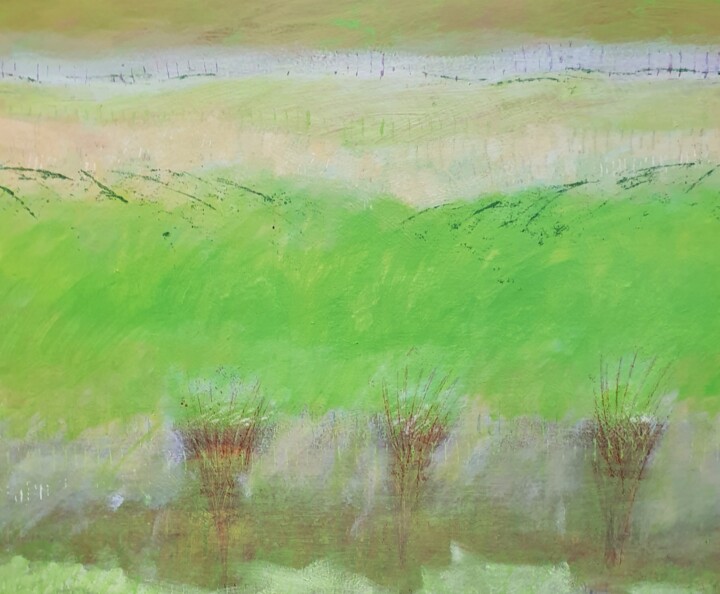 「Far side of the Hill」というタイトルの絵画 June Stapletonによって, オリジナルのアートワーク, アクリル ウッドストレッチャーフレームにマウント