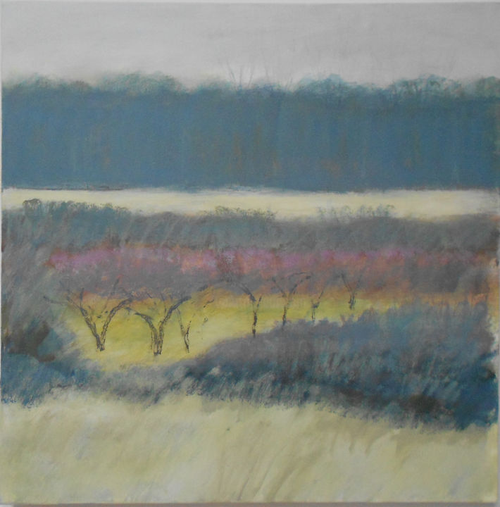 Painting titled "cerisiers en hiver" by June Stapleton, Original Artwork, Oil