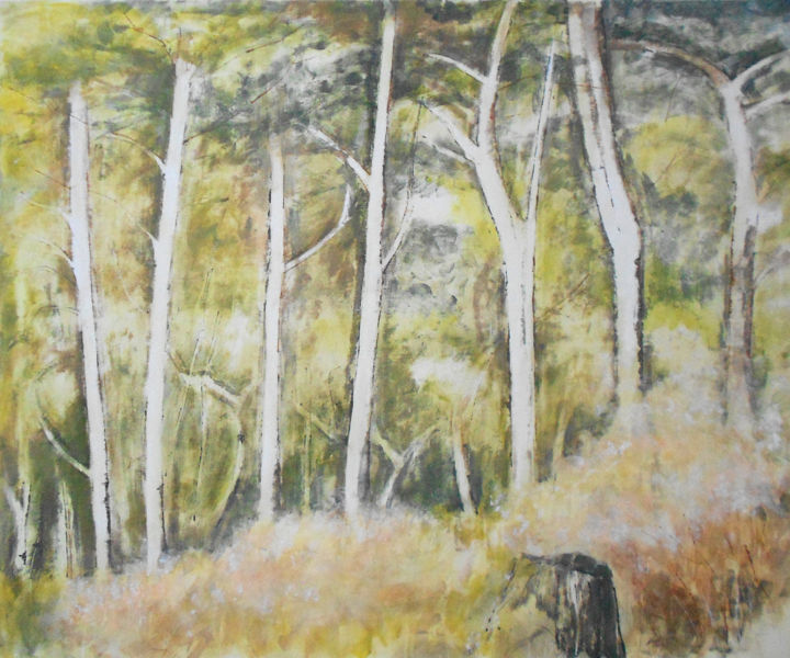 Painting titled "stately pines" by June Stapleton, Original Artwork, Acrylic