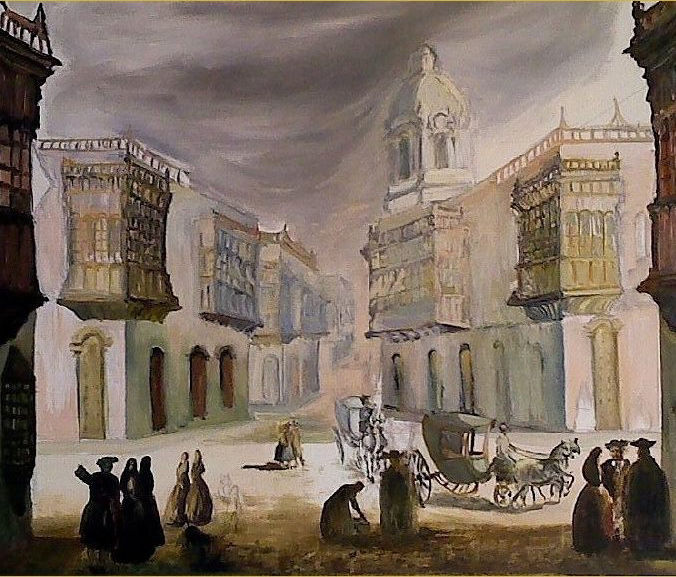 Картина под названием "Lima antigua" - Javier Alberto Torres Saybay, Подлинное произведение искусства, Масло