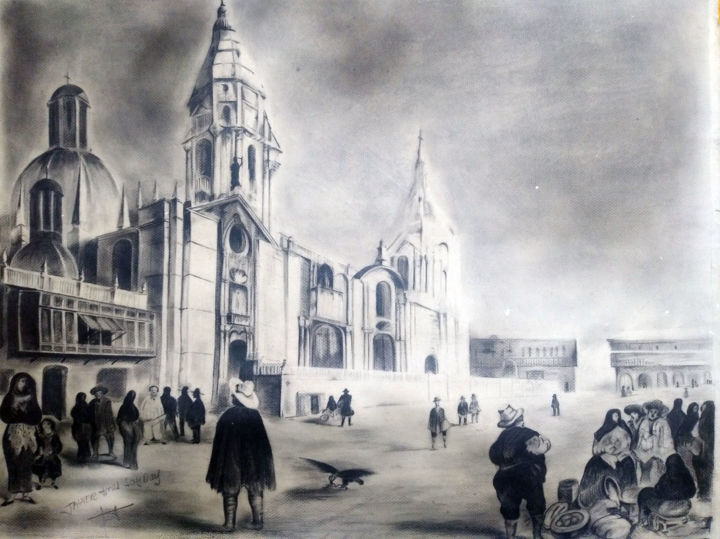 Desenho intitulada "Plaza Mayor de Lima…" por Javier Alberto Torres Saybay, Obras de arte originais, Lápis