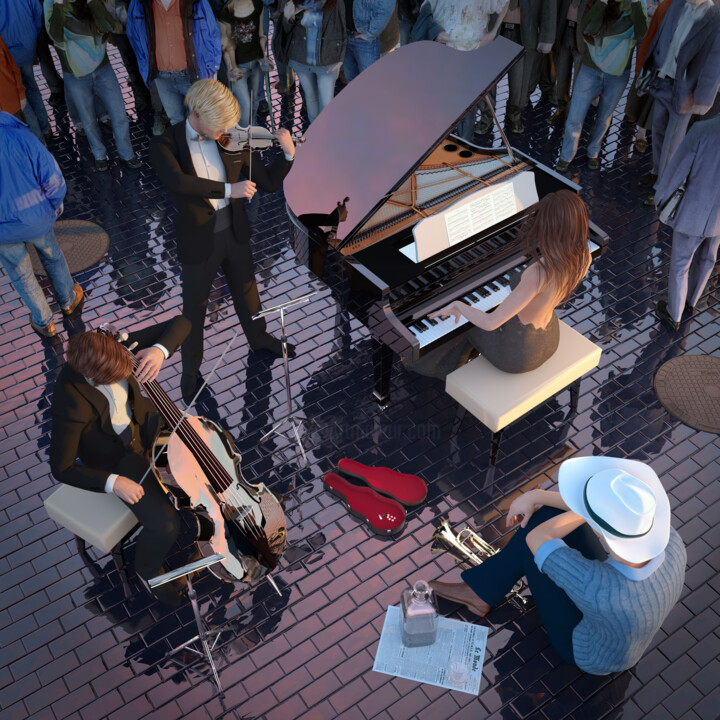 Digital Arts titled "MUSICA EN LA CALLE" by Juan Aguirre, Original Artwork, 3D Modeling Mounted on Wood Panel