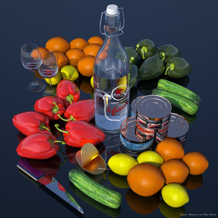 Digitale Kunst mit dem Titel "BODEGON EN PVC" von Juan Aguirre, Original-Kunstwerk, 3D Modellierung Auf Holzplatte montiert