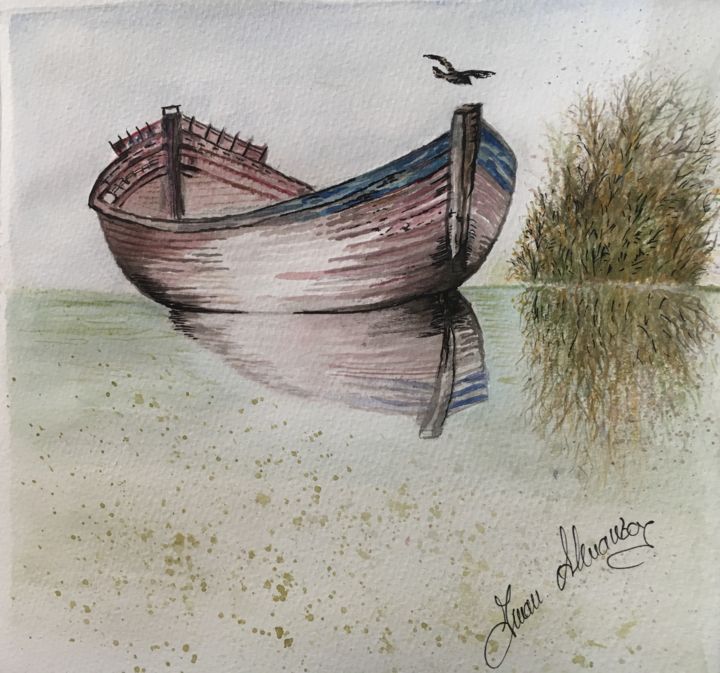 Painting titled "The boat" by Almanzart, Original Artwork, Watercolor