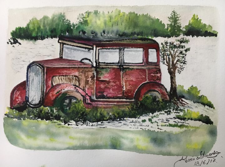 Painting titled "Red car" by Almanzart, Original Artwork, Watercolor