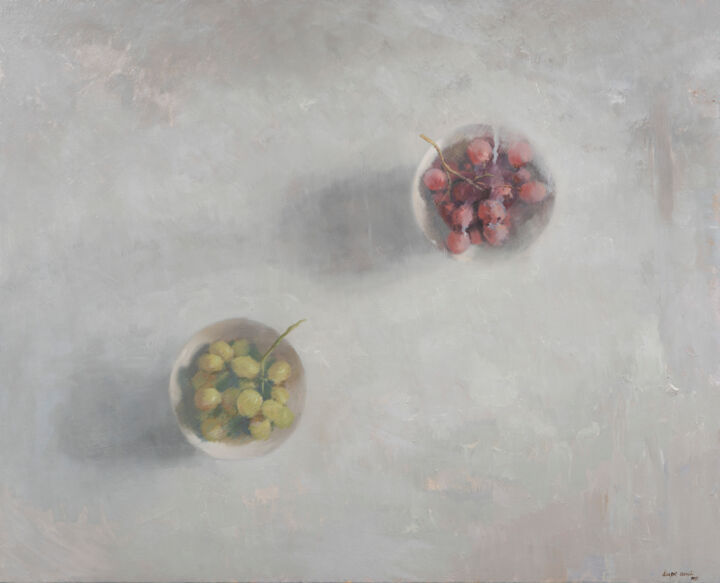 Pintura titulada "Dos tazones con uvas" por Juan Álvarez Cebrián, Obra de arte original, Oleo
