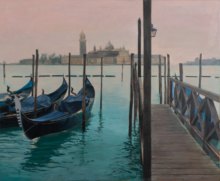 Schilderij getiteld "Venecia II." door Juan Álvarez Cebrián, Origineel Kunstwerk, Olie Gemonteerd op Frame voor houten branc…