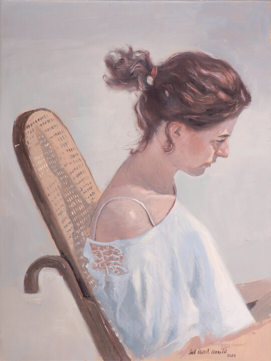 Peinture intitulée "Mujer leyendo II" par Juan Álvarez Cebrián, Œuvre d'art originale, Huile Monté sur Panneau de bois