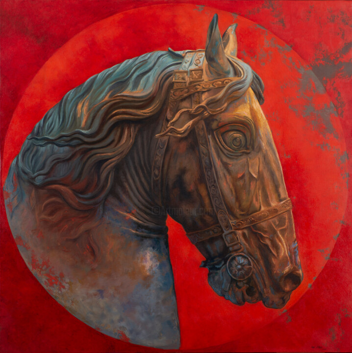 Painting titled "Cabeza de caballo" by Juan Álvarez Cebrián, Original Artwork, Oil Mounted on Wood Stretcher frame