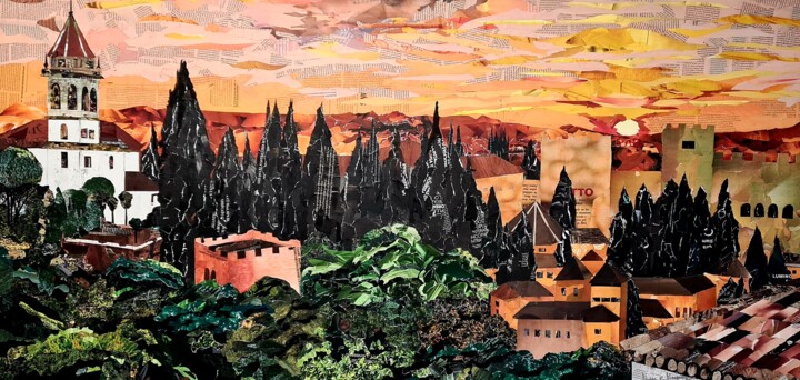 Collages intitulée "ATARDECER EN LA ALH…" par Juan Carlos Jimenez Diaz, Œuvre d'art originale, Collages Monté sur Châssis en…