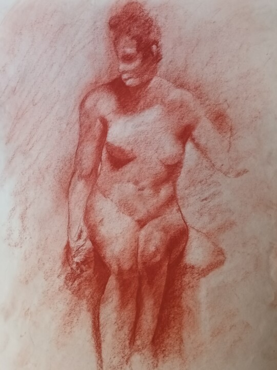 Drawing titled "Desnudo en sanguina" by Juan Ramon Aguirre, Original Artwork, Conté