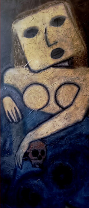 Painting titled "IRONIE LA DÉESSE DE…" by Juan Saenz, Original Artwork, Oil Mounted on Wood Panel