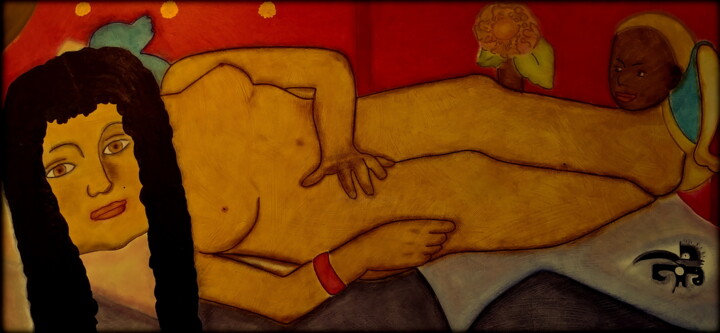 Painting titled "OLYMPIA" by Juan Saenz, Original Artwork, Charcoal Mounted on Wood Panel