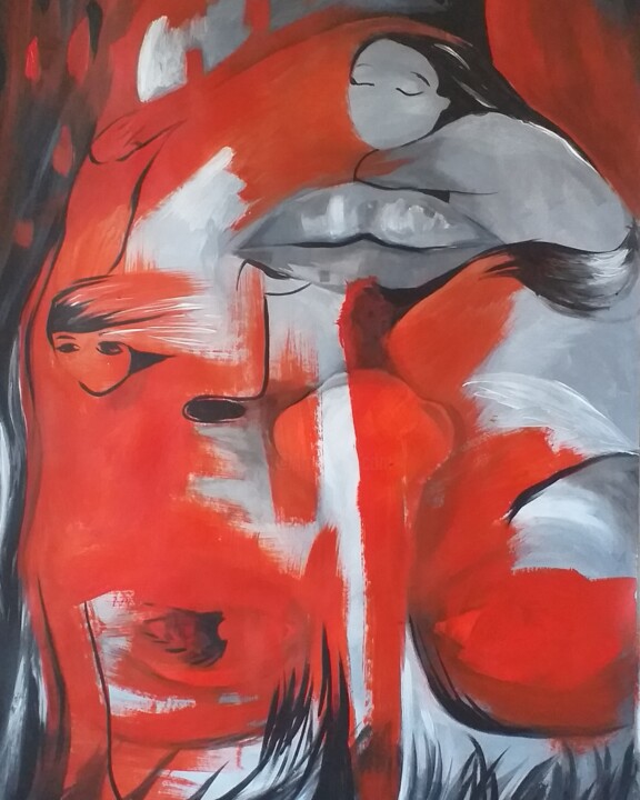 Painting titled "Portrait in red" by Juana Page, Original Artwork, Acrylic