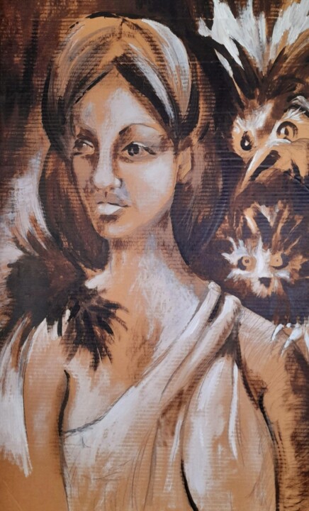 Painting titled "Woman with birds" by Juana Page, Original Artwork, Acrylic