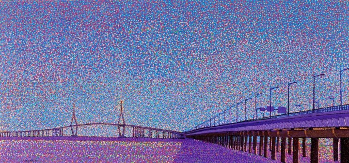 Malerei mit dem Titel "Incheon bridge Korea" von Juchul Kim, Original-Kunstwerk, Öl