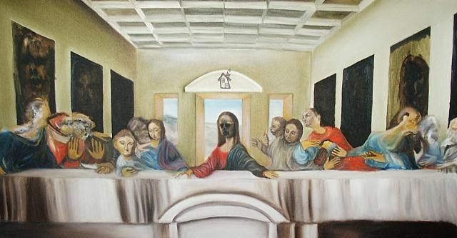 Painting titled "Bacon's Last Supper" by Jude Pacheco, Original Artwork