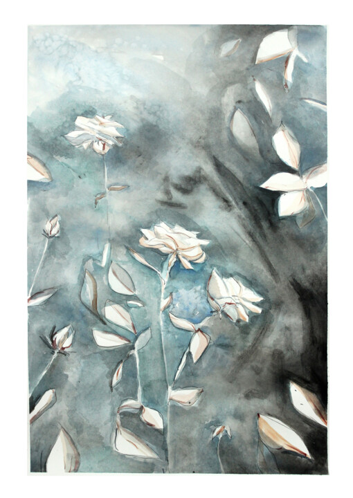 Malerei mit dem Titel "Garten im Mondlicht…" von Judit Fortelny, Original-Kunstwerk, Aquarell