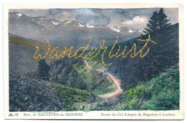 Textilkunst mit dem Titel "Wanderlust – Alte F…" von Judit Fortelny, Original-Kunstwerk, Stickerei