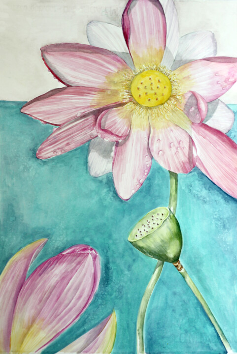 Картина под названием "Aquarell Lotusblume" - Judit Fortelny, Подлинное произведение искусства, Акварель