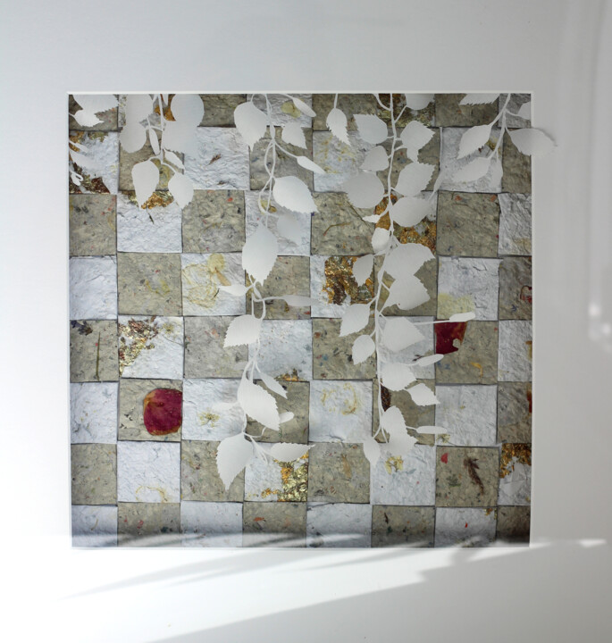 Collagen mit dem Titel "Blätterballade" von Judit Fortelny, Original-Kunstwerk, Collagen Auf Karton montiert