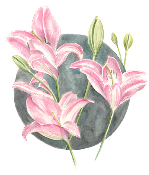 Malerei mit dem Titel "Lilien" von Judit Fortelny, Original-Kunstwerk, Aquarell