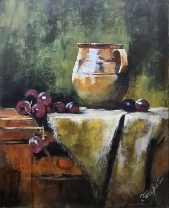 Painting titled "Still life with jug" by Judit Takács, Original Artwork, Acrylic Mounted on Wood Panel