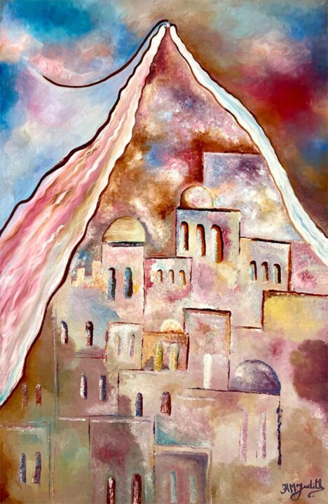Картина под названием "Village" - Judith Hassan, Подлинное произведение искусства, Масло Установлен на Деревянная рама для н…