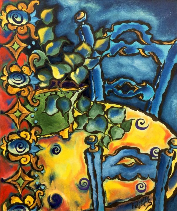 Картина под названием "Jardin bleu" - Judith Kovacs, Подлинное произведение искусства, Масло