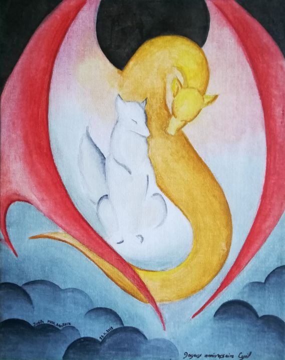 Картина под названием "Loup et Dragon.jpg" - Judith Phok Rameaux, Подлинное произведение искусства, Акварель