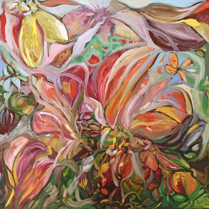 Painting titled "Alegria´s Garden" by Judith Riemer, Original Artwork, Oil Mounted on Wood Stretcher frame