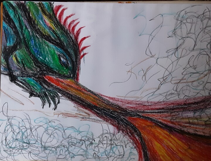 Malerei mit dem Titel "Dragonbreath Skizze" von Judith Simonis, Original-Kunstwerk, Kreide
