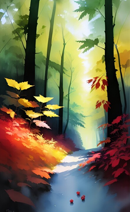 Digitale Kunst getiteld "Autumn Scene" door Judith Simonis, Origineel Kunstwerk, AI gegenereerde afbeelding